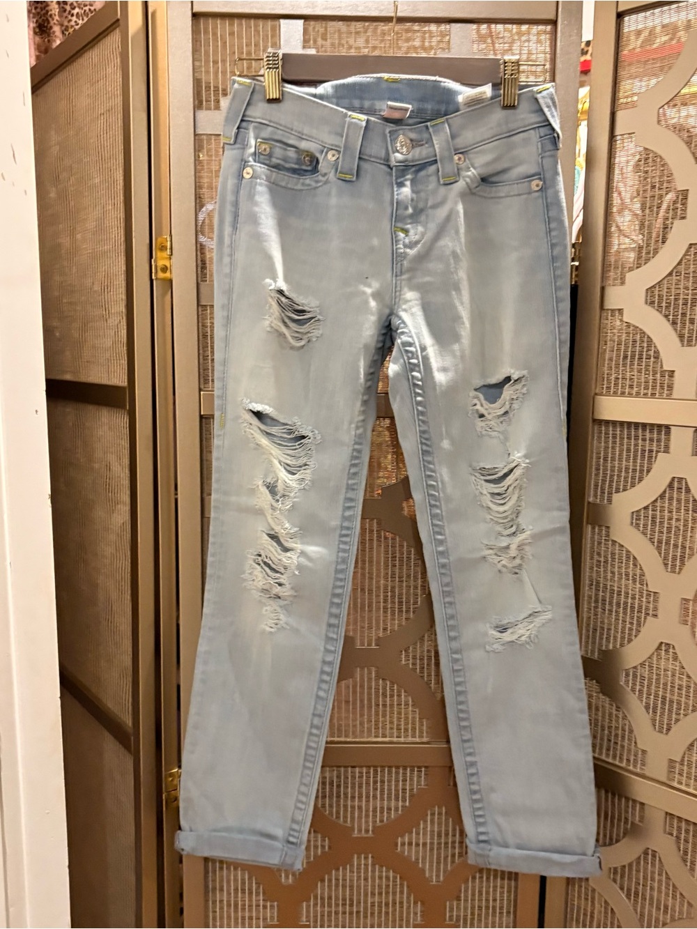 True Religion Light Wash Distressed Boyfriend Jeans - Picture 1 of 6